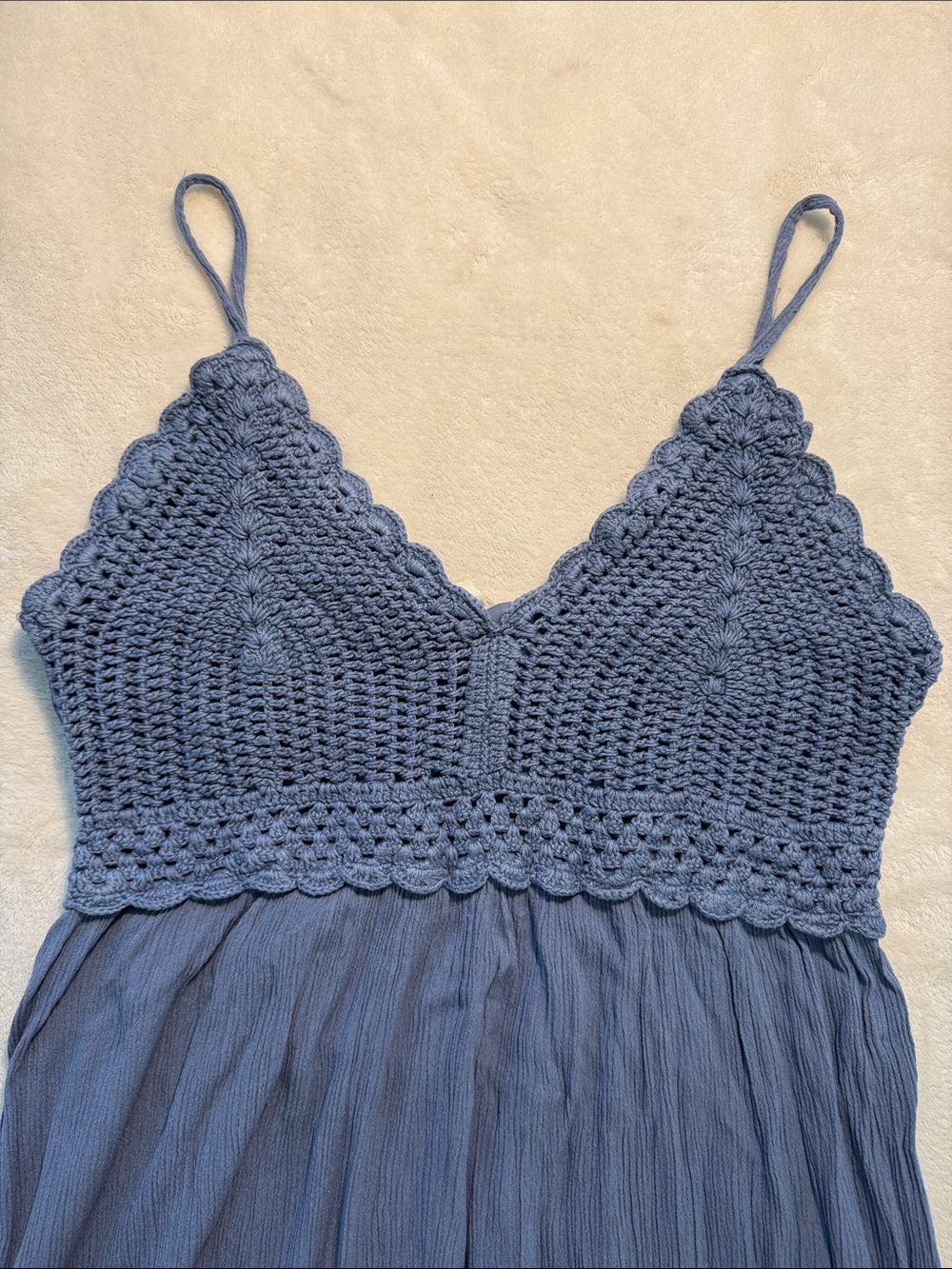 Blush blue sundress with crochet top. Lined. Small.